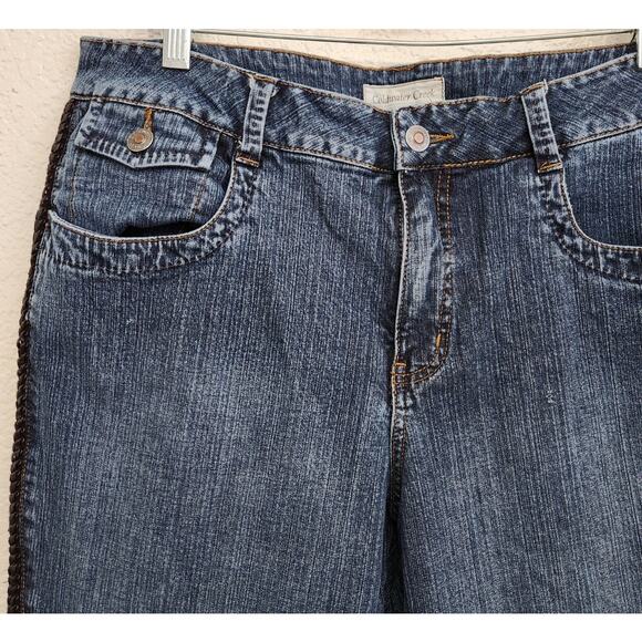 Coldwater Creek Blue Black Leather "Braided Look" Seams Jeans 14P Lightweight - Picture 3 of 7